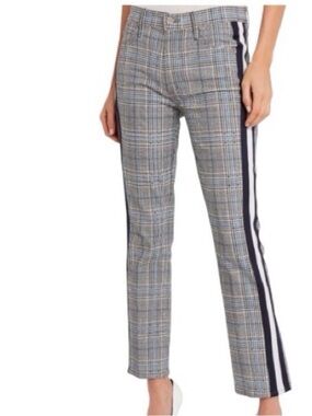MOTHER Plaid Straight-Leg Pants with Navy & White Side Stripes